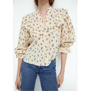 Zara Cream and Blue Puff Sleeve Ruffled Blouse